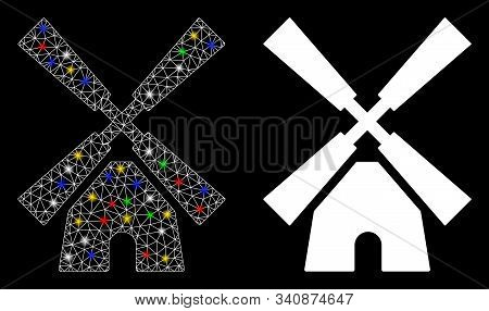Glowing Mesh Wind Mill Icon With Sparkle Effect. Abstract Illuminated Model Of Wind Mill. Shiny Wire