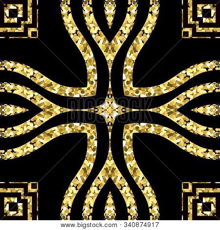 Gold Glitter Vintage Ornamental Vector Seamless Pattern. Greek Style Patterned Ornate Background. Re