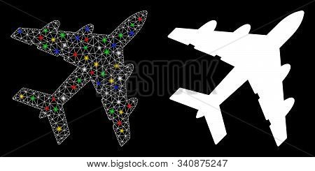 Glossy Mesh Bomber Icon With Glow Effect. Abstract Illuminated Model Of Bomber. Shiny Wire Carcass P
