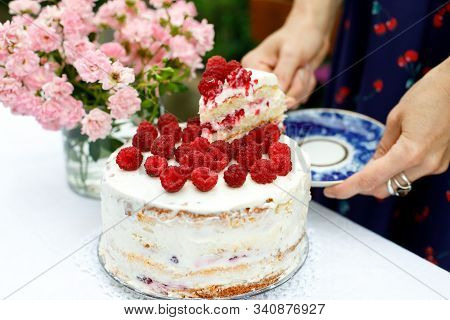 A Slice Of Homemade Raspberry Cake On A Saucer In Female Hands Next To A Cake In The Summer Garden. 