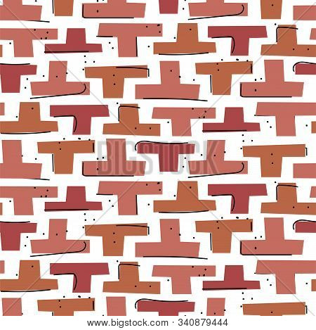 Hand Drawn Mosaic Block Shapes Abstract Cuttings Seamless Pattern. Rouge Brown Repeat Background For