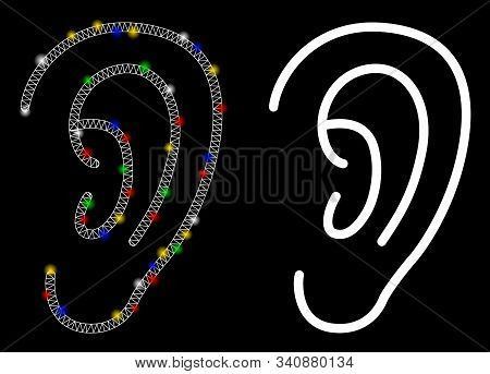 Flare Mesh Hear Icon With Glare Effect. Abstract Illuminated Model Of Hear. Shiny Wire Carcass Trian