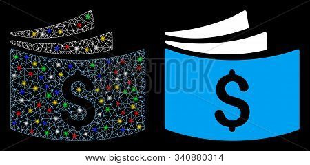 Glossy Mesh Checkbook Icon With Lightspot Effect. Abstract Illuminated Model Of Checkbook. Shiny Wir