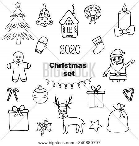 Christmas set. Sketch. Collection of holiday prints. Vector illustration. Outline on an isolated background. Doodle style. Coloring book for children. Christmas. New Year. Christmas decorative elements. Idea for web design. Santa claus, christmas tree, wr