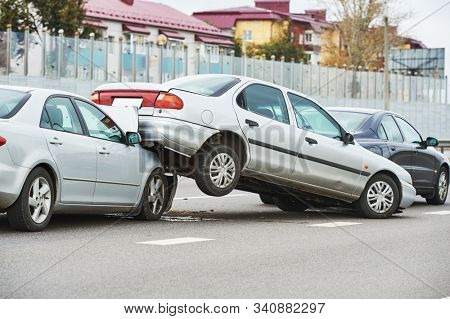 car crash accident on street. damaged automobiles