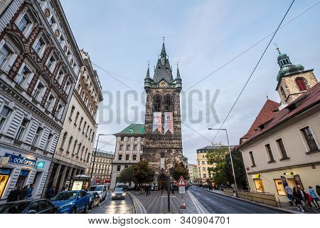 Prague, Czechia - November 2, 2019: Jidrisska Vez Tower Seen From The Streets With Cars Passing By. 