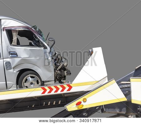 Accident Car Slide On Truck For Move. Van Car Have Damage By Accident On Road Take With Slide Truck 