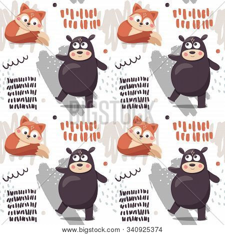Seamless Scandinavian Cute Pattern Bear Fox Leaf