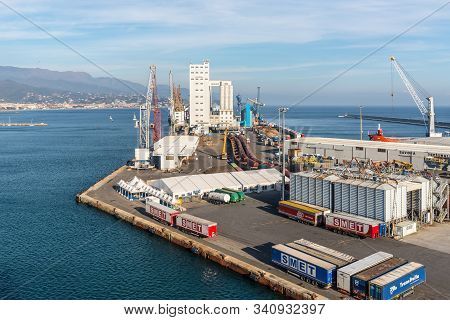 Savona, Italy - December 1, 2018: View Of The Port Of Savona, Liguria, Mediterranean Coast, Italy. T