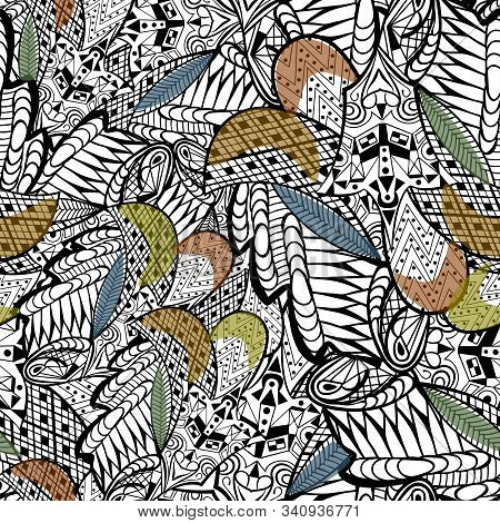 Seamless Pattern With Leaves, Rhombus, Treangles And Spots