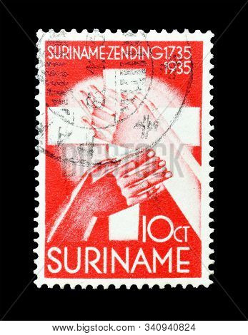 Cancelled Postage Tamp Printed By Suriname, That Promotes The 200th Anniversary Of Moravian Mission 