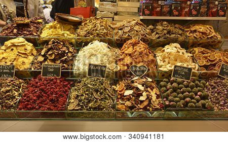 Istanbul, Turkey - September 19th 2019. A Display Of Teas And Dried Fruit Outside A Shop In The Hist
