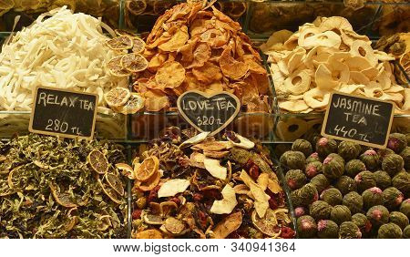 A Display Of Teas And Dried Fruit Outside A Shop In The Historic Egyptian Spice Bazaar In Eminonu, F