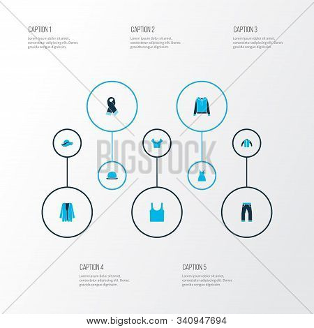 Dress Icons Colored Set With Woman Hat, Sweatshirt, Blouse And Other Hatband Elements. Isolated Vect