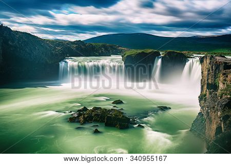 Godafoss Waterfall In Iceland, Summer Natural Travel Background