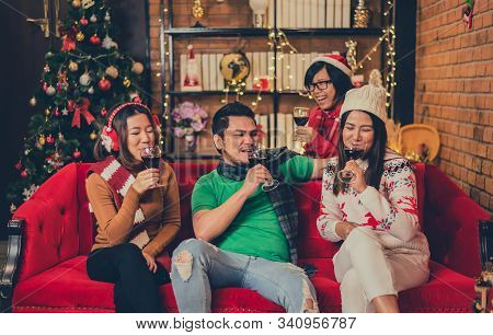 Christmas And New Year Party With Friends. Winter And End Of Year Celebrating Party At Home.
