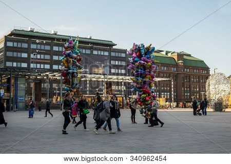 Editorial 04.30.2019 Helsinki Finland. 1st Of May Celebration Balloons On Sale Outside Kamppi Shoppi