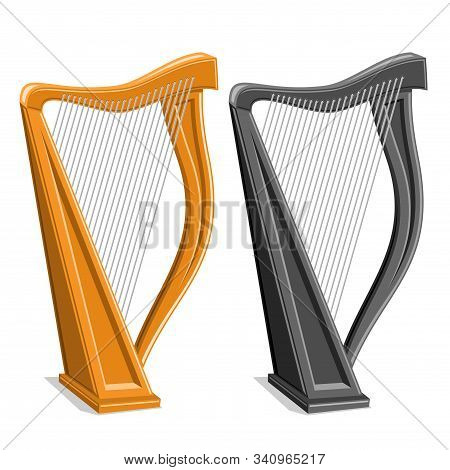 Vector Set Of Harps, 2 Cut Out Illustrations Of Classical Different Harps Yellow And Monochrome Colo