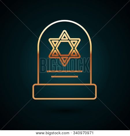 Gold Line Tombstone With Star Of David Icon Isolated On Dark Blue Background. Jewish Grave Stone. Gr