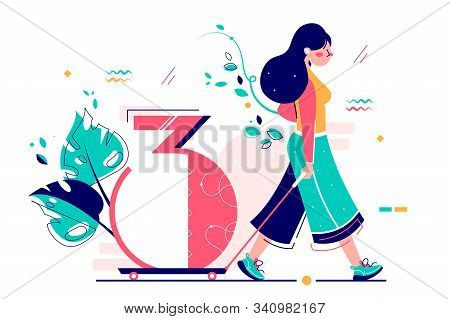 Woman Riding Number Three On Wheels Vector Illustration. Girl Walking Away With Cipher Tree Flat Sty