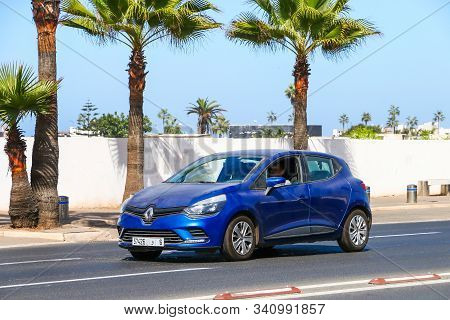Casablanca, Morocco - September 29, 2019: Blue Hatchback Renault Clio In The City Street.