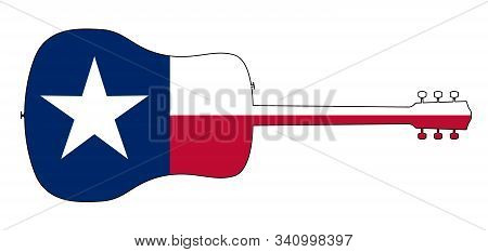 A Typical Acoustic Guitar Silhouette Outline Isolated Over A White Background With A Texan Flag