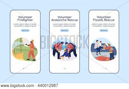 Emergency Situation Volunteering Onboarding Mobile App Screen Flat Vector Template. Walkthrough Webs