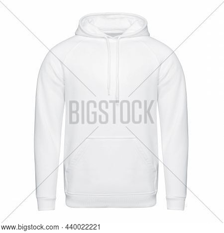Template White Hoodie Isolated On White. Hoodie Sweatshirt Mockup Front View For Design And Print. H