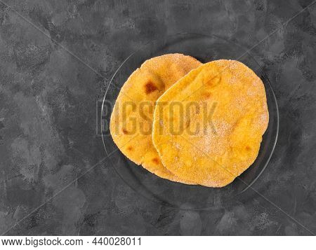 Homemade Corn Flatbread Meal On Plate. Handmade Mexican Tortilla For Wrapping. Traditional Latin Cor