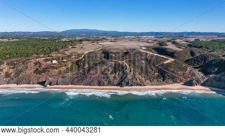 Aerial View Of The Portuguese Mountain Coastline, Vicentina. Aljezur Village, Beach Vale Dos Homens.