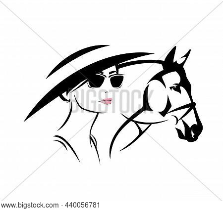 Elegant Woman  At Hippodrome Wearing Wide Brimmed Ascot Hat And Sunglasses And Race Horse Head Outli