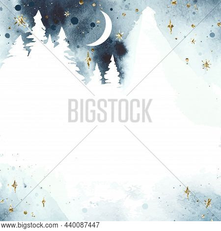 Watercolor Magic Vector Landscape In Blue, Golden And White Colors. Forest With Mountain Under Night