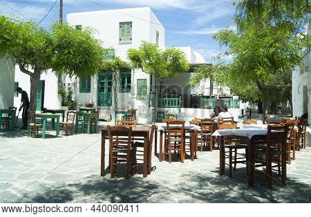 Folegandros Island - Greece -  May 5 2012 : Beautiful Secluded Square With Traditional Greek Taverna
