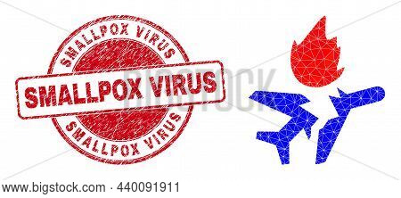 Lowpoly Triangulated Airplane Crash Symbol Illustration With Smallpox Virus Dirty Stamp Seal. Red St