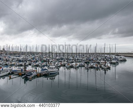 Sea Boats Parked In Harbor. Boats In Yacht Club.