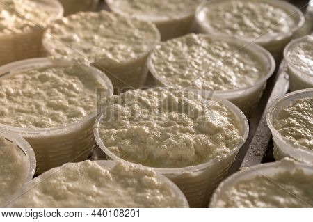 Process Of Making Fresh White Soft Ricotta Whey Cheese On Small Cheese Farm In Parma, Italy