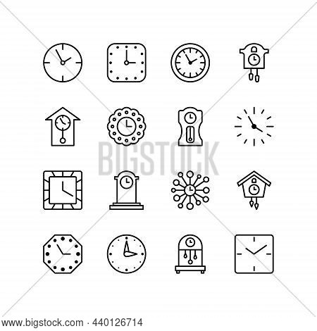 Wall Clock Flat Line Icons Set. Home And Office Clocks And Watches - Alarm, Tower, Cuckoo, Antique C
