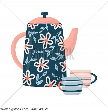 Ceramic Teapot And Pair Of Cups Or Mugs Isolated On White Background. Ceramic Drinkware Or Glassware