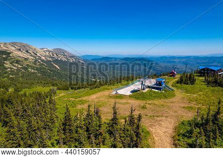Sheregesh Ski Lift Resort In Summer, Landscape On Mountain And Hotels, Aerial Top View Kemerovo Regi