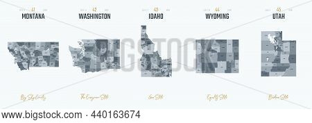 Vector Set 9 Of 10 Highly Detailed Silhouettes Of Us State Maps, Divided Into Counties With Names An