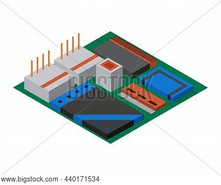 Isometric Circuit Board With Electronic Components. Computer Chip Technology Processor Circuit And C