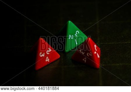 Role Playing Game Triangular Dices. Selective Focus.