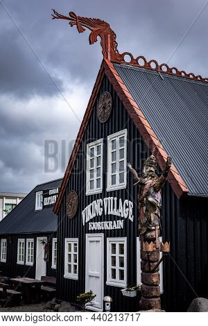 Hafnarfjordur, Iceland - July 17, 2021: A Facade Of The Viking Hotel In Hafnarfjordur Town. Traditio