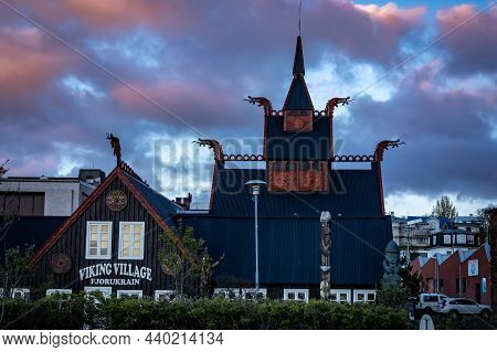 Hafnarfjordur, Iceland - July 17, 2021: A Viking Hotel In Hafnarfjordur Town. Traditional, Viking St