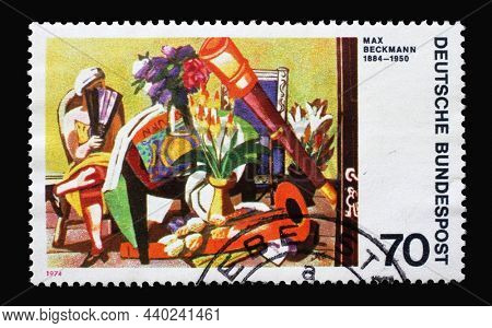 ZAGREB, CROATIA - JULY 03, 2014: A stamp printed in Germany shows German expressionist painters: Still Life With Telescope by Max Beckmann, circa 1974