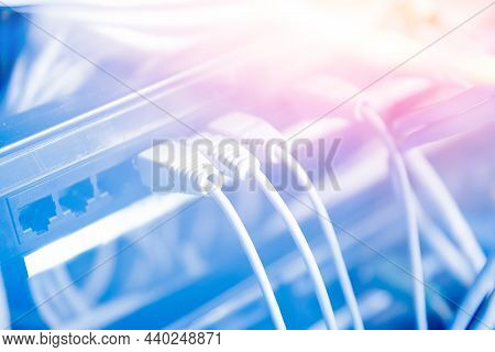 Fiber Ethernet Cable On Network Switches Optical Connector Interface. Concept Internet Data Center B