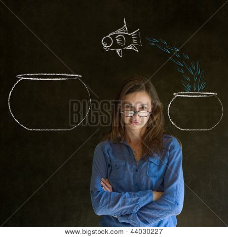 Mujer con salto de la pecera pequeño a grande