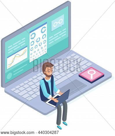 Laptop With Medical Website, Online Checking Vision In Virtual Medical Cabinet In Internet, Chart Ey