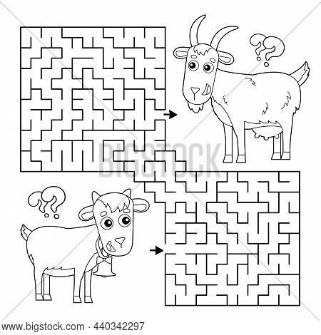 Maze Or Labyrinth Game. Puzzle. Coloring Page Outline Of Cartoon Goat With Goatling Or Kid. Farm Ani