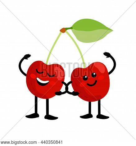 Cartoon Of Cute Cherries Characters Design, Cherry Icon Illustration Template Vector. Happy Cherry F